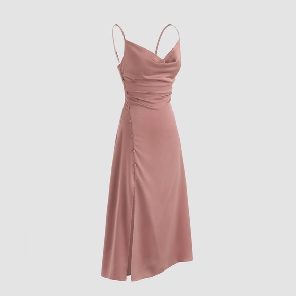 Solid Cowl Neck Slit Midi Dress - Picture 5 of 7